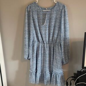 Elegant Blue Patterned Long Sleeve Dress